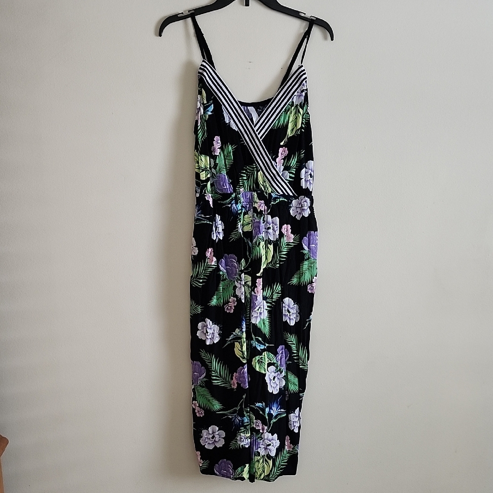 Cacique Swim Black Maxi Cropped Jumpsuit with Purple Floral Design Sz 14/16